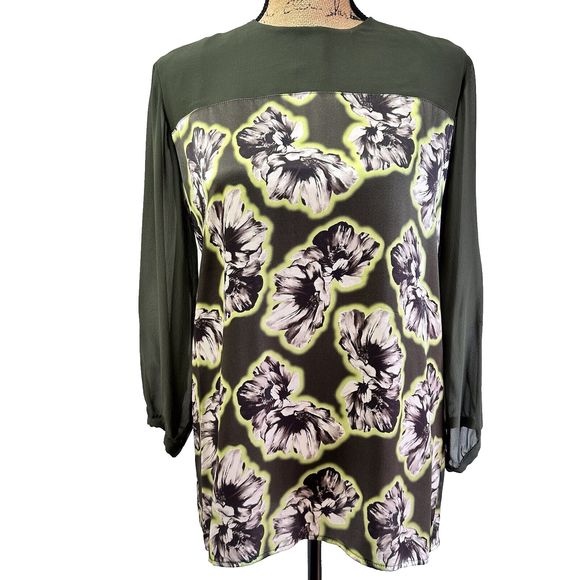 Blugirl Folies Silk Women Blouse SZ 8 Green Floral Sheer Long Sleeves Top Italy - Picture 1 of 16